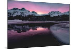 Colorful sky at sunrise on snowcapped mountains and frozen Lake Silvaplana, Maloja, Engadine-Roberto Moiola-Mounted Photographic Print