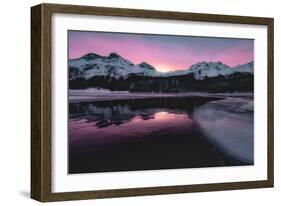 Colorful sky at sunrise on snowcapped mountains and frozen Lake Silvaplana, Maloja, Engadine-Roberto Moiola-Framed Photographic Print