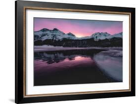 Colorful sky at sunrise on snowcapped mountains and frozen Lake Silvaplana, Maloja, Engadine-Roberto Moiola-Framed Photographic Print