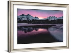 Colorful sky at sunrise on snowcapped mountains and frozen Lake Silvaplana, Maloja, Engadine-Roberto Moiola-Framed Photographic Print