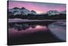 Colorful sky at sunrise on snowcapped mountains and frozen Lake Silvaplana, Maloja, Engadine-Roberto Moiola-Stretched Canvas