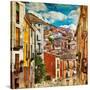 Colorful Spain - Streets And Buildings Of Cuenca Town - Artistic Picture-Maugli-l-Stretched Canvas