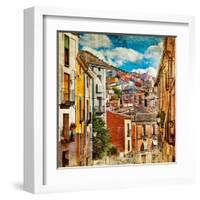 Colorful Spain - Streets And Buildings Of Cuenca Town - Artistic Picture-Maugli-l-Framed Art Print