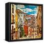 Colorful Spain - Streets And Buildings Of Cuenca Town - Artistic Picture-Maugli-l-Framed Stretched Canvas