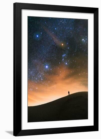 Colorful stars sky in White Sands Monument over Sand Dunes with silhouette and horizon air glow-David Chang-Framed Photographic Print