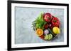 Colorful Still Life of Fresh Organic Fruits and Vegetables on Wooden Plate over White Background, S-aleksey_rezin-Framed Photographic Print