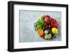 Colorful Still Life of Fresh Organic Fruits and Vegetables on Wooden Plate over White Background, S-aleksey_rezin-Framed Photographic Print