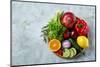 Colorful Still Life of Fresh Organic Fruits and Vegetables on Wooden Plate over White Background, S-aleksey_rezin-Mounted Photographic Print