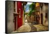 Colorful Street in Malcesine, Lombardy, Italy-George Oze-Framed Stretched Canvas