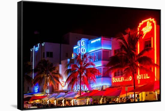 Colorful Street Life at Night - Ocean Drive - Miami-Philippe Hugonnard-Framed Stretched Canvas