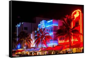 Colorful Street Life at Night - Ocean Drive - Miami-Philippe Hugonnard-Framed Stretched Canvas