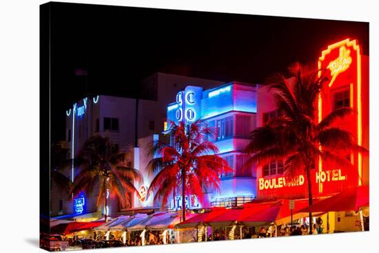 Colorful Street Life at Night - Ocean Drive - Miami-Philippe Hugonnard-Stretched Canvas