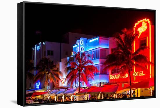 Colorful Street Life at Night - Ocean Drive - Miami-Philippe Hugonnard-Framed Stretched Canvas