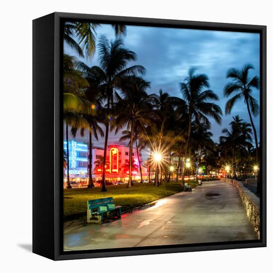 Colorful Street Life - Ocean Drive by Night - Miami-Philippe Hugonnard-Framed Stretched Canvas