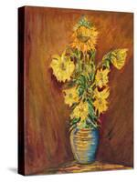 Colorful Sunflowers Bouquet On Brown Background-kirilstanchev-Stretched Canvas