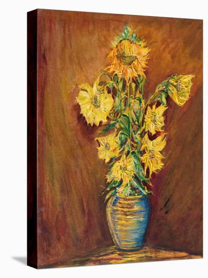 Colorful Sunflowers Bouquet On Brown Background-kirilstanchev-Stretched Canvas