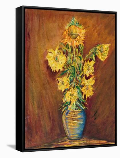 Colorful Sunflowers Bouquet On Brown Background-kirilstanchev-Framed Stretched Canvas