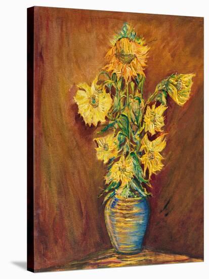 Colorful Sunflowers Bouquet On Brown Background-kirilstanchev-Stretched Canvas