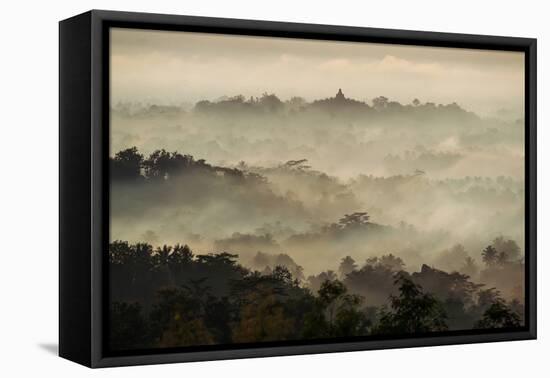 Colorful Sunrise over Borobudur Temple in Misty Jungle Forest, Indoneisa-mazzzur-Framed Stretched Canvas