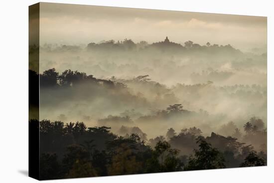 Colorful Sunrise over Borobudur Temple in Misty Jungle Forest, Indoneisa-mazzzur-Stretched Canvas