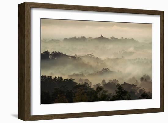 Colorful Sunrise over Borobudur Temple in Misty Jungle Forest, Indoneisa-mazzzur-Framed Photographic Print