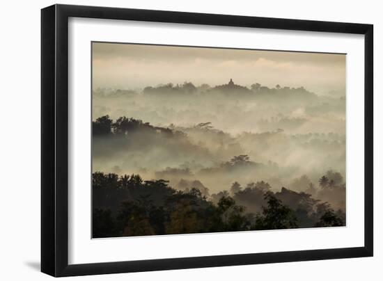 Colorful Sunrise over Borobudur Temple in Misty Jungle Forest, Indoneisa-mazzzur-Framed Photographic Print