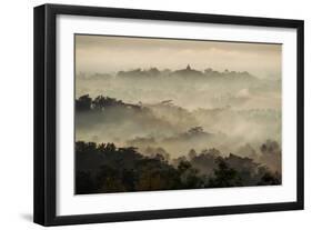 Colorful Sunrise over Borobudur Temple in Misty Jungle Forest, Indoneisa-mazzzur-Framed Photographic Print