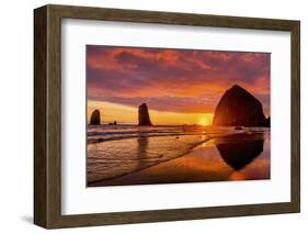 Colorful sunset, birds, Haystack Rock sea stacks, Canon Beach, Clatsop County, Oregon.-William Perry-Framed Photographic Print