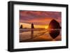 Colorful sunset, birds, Haystack Rock sea stacks, Canon Beach, Clatsop County, Oregon.-William Perry-Framed Photographic Print