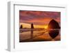 Colorful sunset, birds, Haystack Rock sea stacks, Canon Beach, Clatsop County, Oregon.-William Perry-Framed Photographic Print