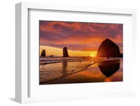 Colorful sunset, birds, Haystack Rock sea stacks, Canon Beach, Clatsop County, Oregon.-William Perry-Framed Photographic Print