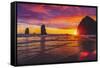 Colorful sunset, Haystack Rock sea stacks, Canon Beach, Clatsop County, Oregon.-William Perry-Framed Stretched Canvas