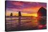 Colorful sunset, Haystack Rock sea stacks, Canon Beach, Clatsop County, Oregon.-William Perry-Stretched Canvas