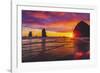 Colorful sunset, Haystack Rock sea stacks, Canon Beach, Clatsop County, Oregon.-William Perry-Framed Photographic Print