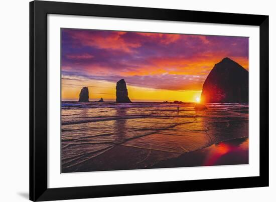 Colorful sunset, Haystack Rock sea stacks, Canon Beach, Clatsop County, Oregon.-William Perry-Framed Photographic Print