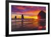 Colorful sunset, Haystack Rock sea stacks, Canon Beach, Clatsop County, Oregon.-William Perry-Framed Photographic Print