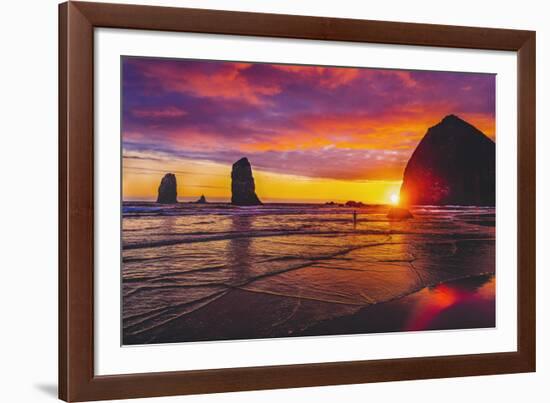 Colorful sunset, Haystack Rock sea stacks, Canon Beach, Clatsop County, Oregon.-William Perry-Framed Photographic Print