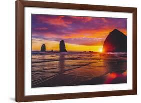 Colorful sunset, Haystack Rock sea stacks, Canon Beach, Clatsop County, Oregon.-William Perry-Framed Photographic Print