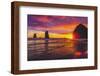 Colorful sunset, Haystack Rock sea stacks, Canon Beach, Clatsop County, Oregon.-William Perry-Framed Photographic Print