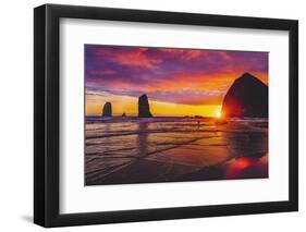Colorful sunset, Haystack Rock sea stacks, Canon Beach, Clatsop County, Oregon.-William Perry-Framed Photographic Print