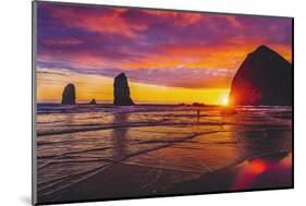 Colorful sunset, Haystack Rock sea stacks, Canon Beach, Clatsop County, Oregon.-William Perry-Mounted Photographic Print