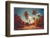 Colorful Sunset Landscape with Empty Road and Palm Trees in Jungle against Clear Blue Sky. Vintage-goinyk-Framed Photographic Print