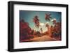 Colorful Sunset Landscape with Empty Road and Palm Trees in Jungle against Clear Blue Sky. Vintage-goinyk-Framed Photographic Print