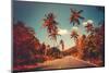 Colorful Sunset Landscape with Empty Road and Palm Trees in Jungle against Clear Blue Sky. Vintage-goinyk-Mounted Photographic Print