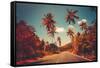 Colorful Sunset Landscape with Empty Road and Palm Trees in Jungle against Clear Blue Sky. Vintage-goinyk-Framed Stretched Canvas