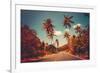 Colorful Sunset Landscape with Empty Road and Palm Trees in Jungle against Clear Blue Sky. Vintage-goinyk-Framed Photographic Print