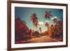Colorful Sunset Landscape with Empty Road and Palm Trees in Jungle against Clear Blue Sky. Vintage-goinyk-Framed Photographic Print