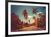 Colorful Sunset Landscape with Empty Road and Palm Trees in Jungle against Clear Blue Sky. Vintage-goinyk-Framed Photographic Print