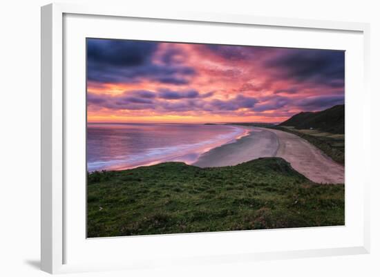 Colorful Sunset over the Beach in Rhossili on the Gower Peninsula, Wales, United Kingdom-Frances Gallogly-Framed Photographic Print