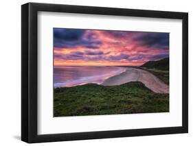 Colorful Sunset over the Beach in Rhossili on the Gower Peninsula, Wales, United Kingdom-Frances Gallogly-Framed Photographic Print